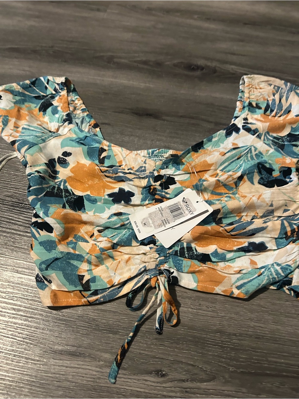Roxy Teal, Mustard & Navy Floral Ruched Crop Top - Picture 4 of 6